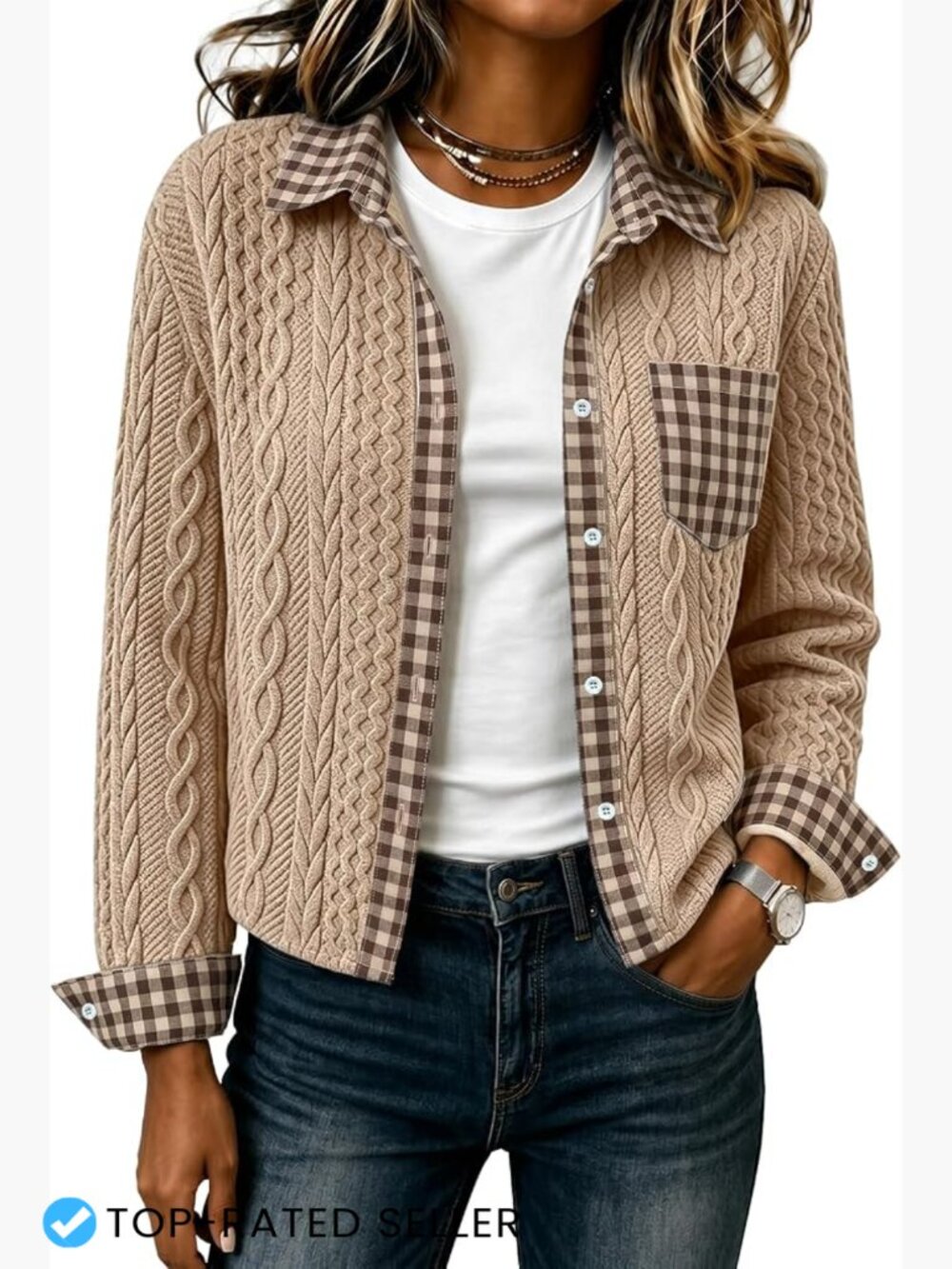 Cropped Denim Collared Bomber Jacket Cable Knit Shacket Women's Trendy